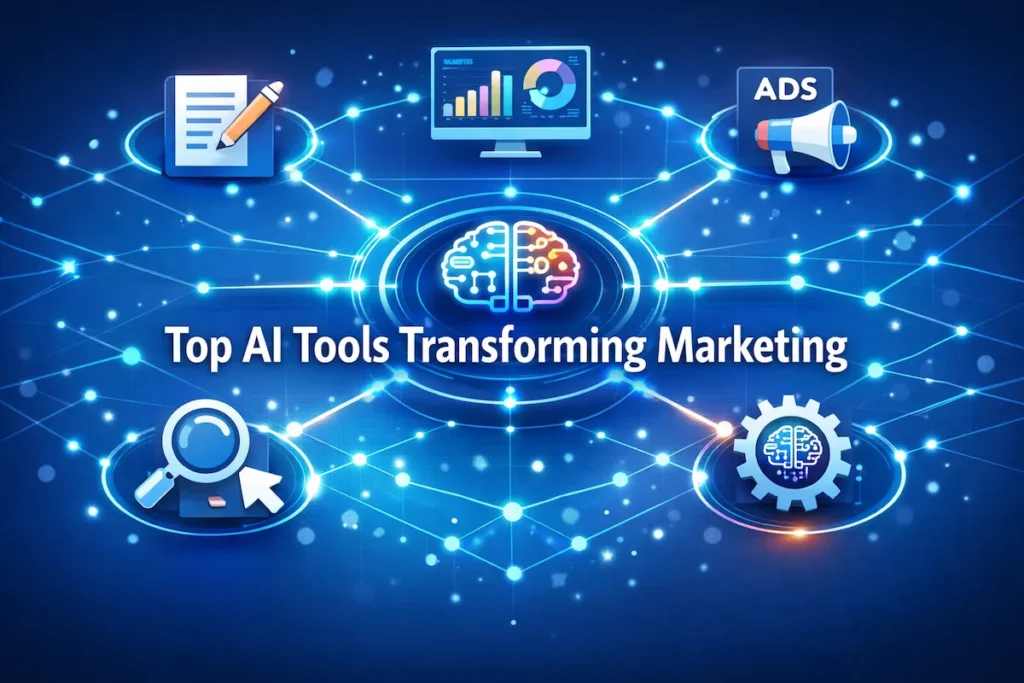 Visual ecosystem of AI tools used in digital marketing including SEO, ads, and analytics