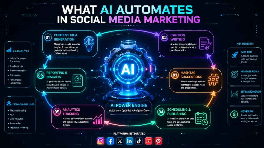 Visual workflow of AI automating content creation, scheduling, and analytics in social media marketing