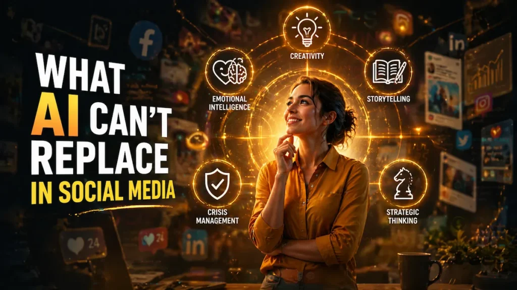 Illustration highlighting human creativity, emotional intelligence, and strategy in social media marketing