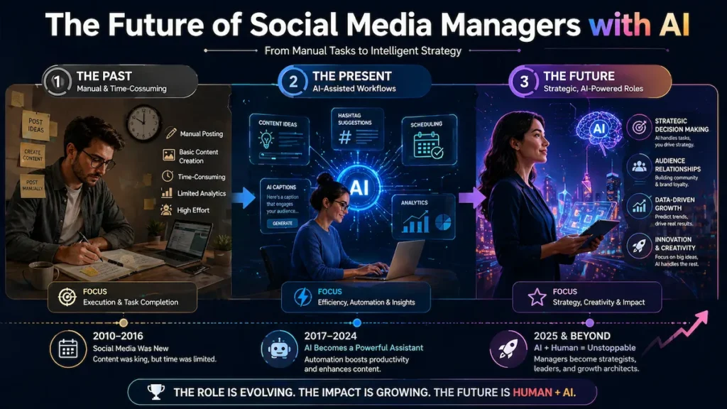 Timeline showing evolution of social media managers from manual work to AI-powered strategic roles