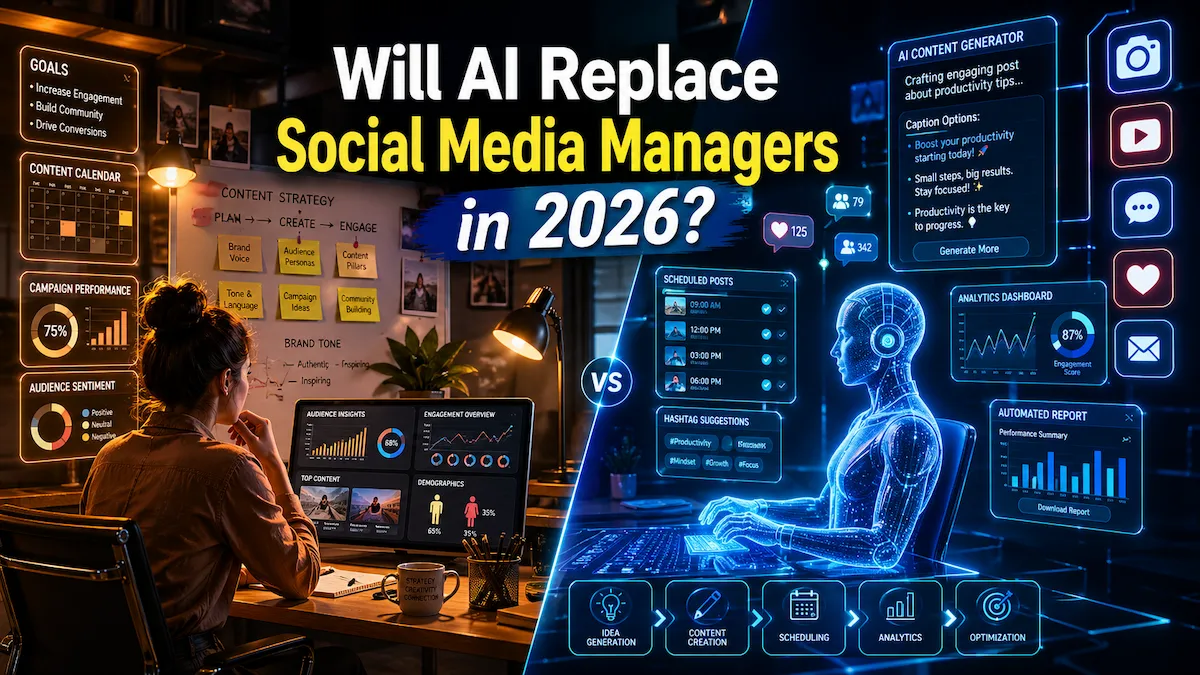 Futuristic comparison of a human social media manager and AI automation tools working side by side in digital marketing