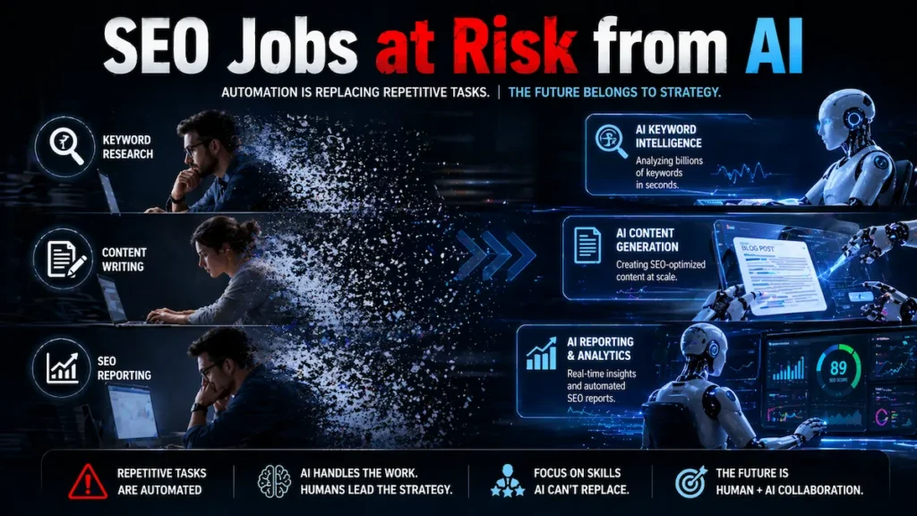 Will AI replace SEO jobs illustration showing SEO roles at risk due to AI automation