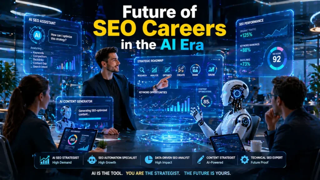 Will AI replace SEO jobs future careers illustration showing human and AI collaboration in SEO
