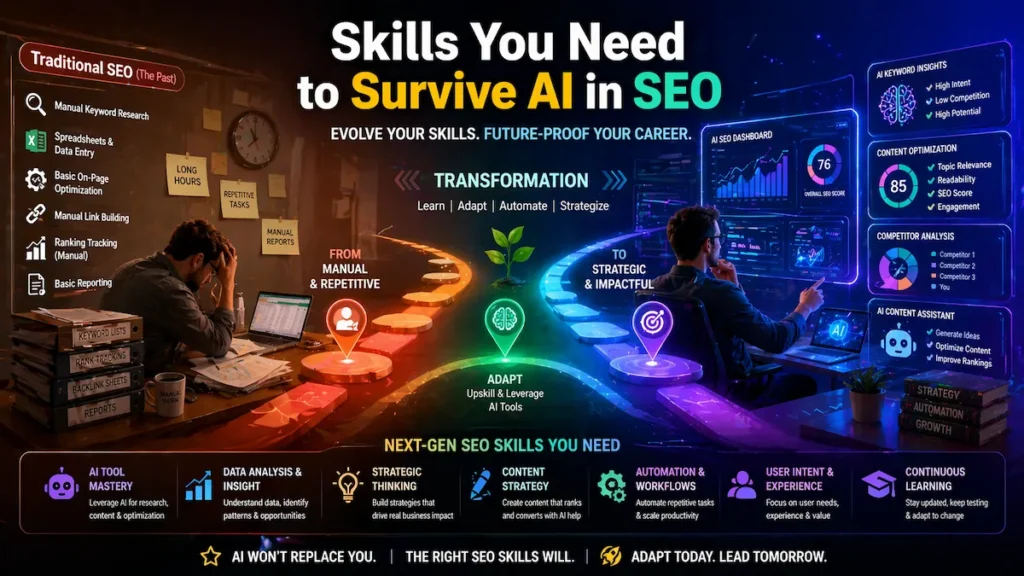 Will AI replace SEO jobs illustration showing evolution of SEO skills in AI era