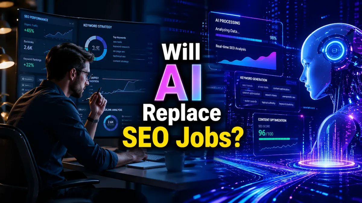 Will AI replace SEO jobs featured image showing human vs AI collaboration in SEO workflows