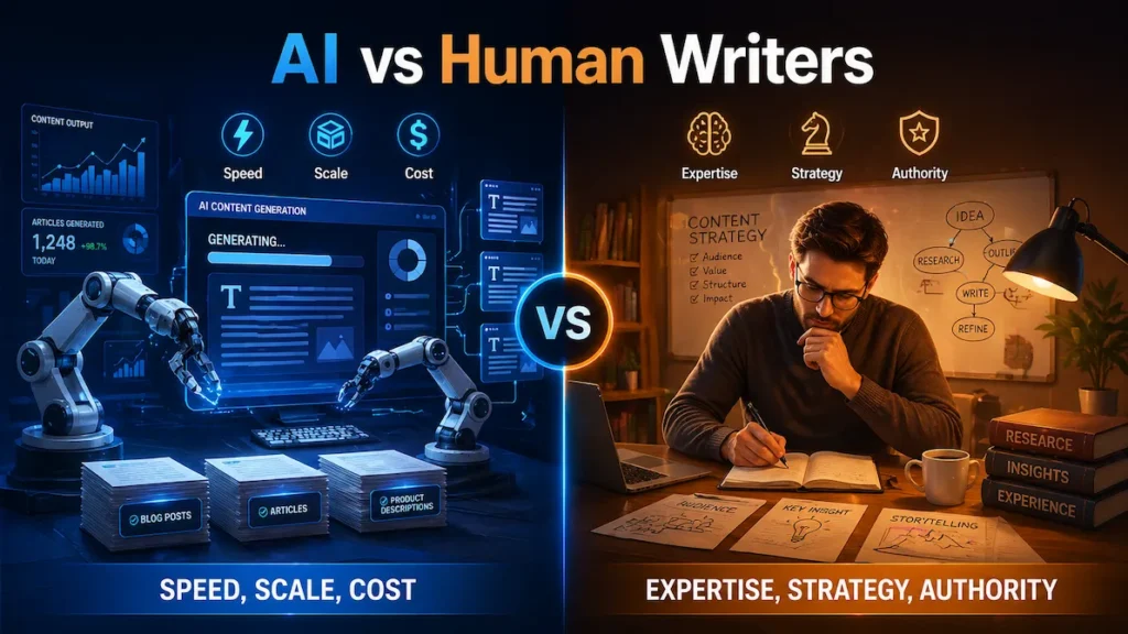 comparison of AI and human writers showing speed versus expertise in content creation
