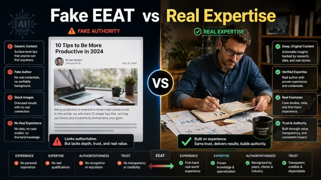 fake EEAT vs real expertise comparison showing difference between AI content and authentic authority