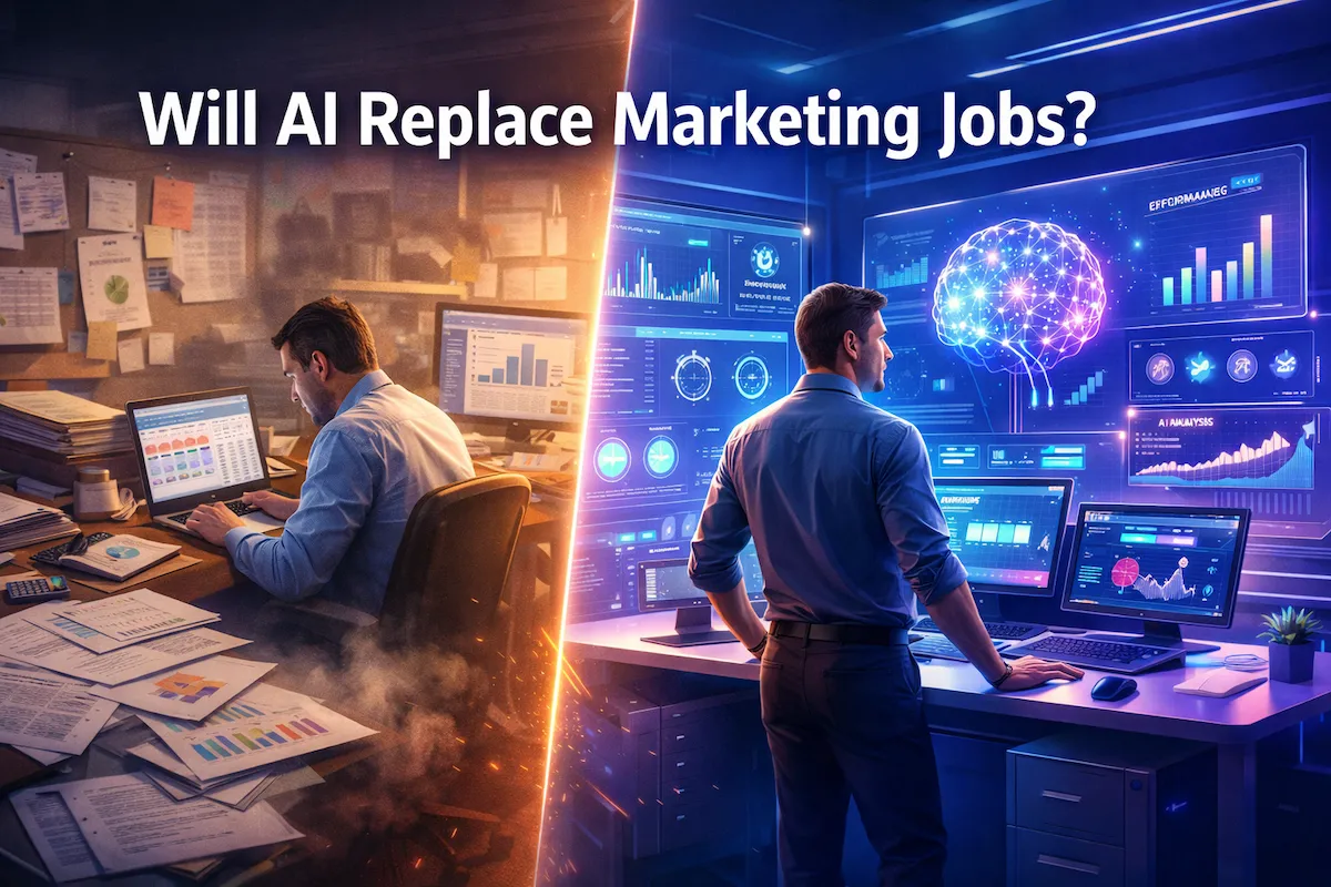Futuristic split-screen showing traditional marketing vs AI-powered marketing transformation in 2025