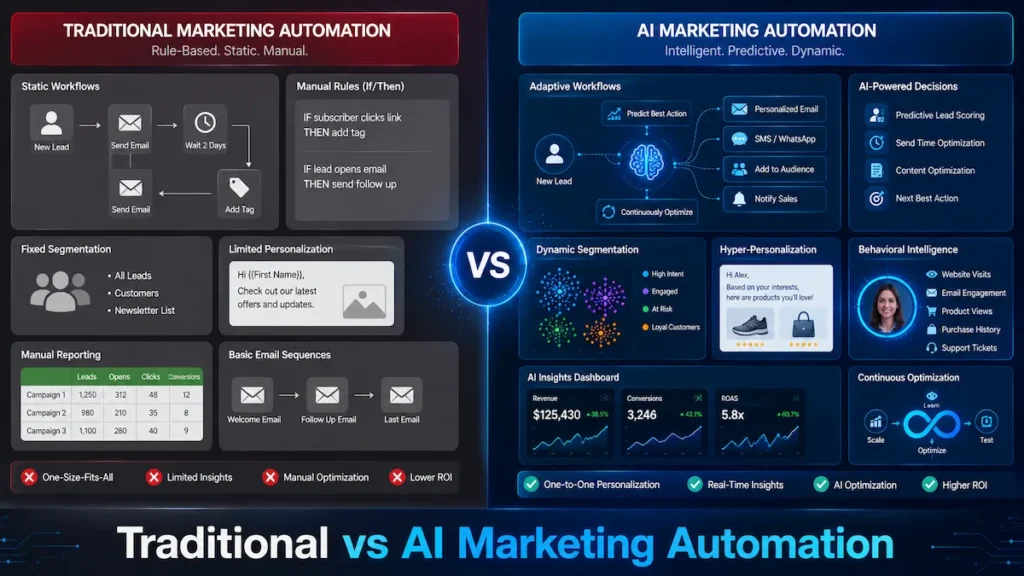 Comparison diagram showing traditional marketing automation versus AI-powered marketing automation systems.