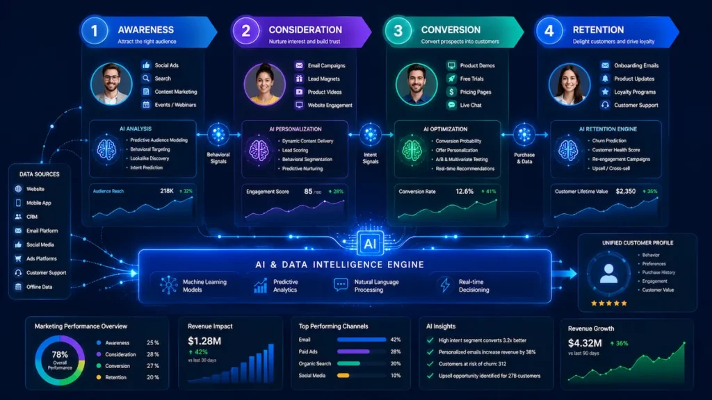 Customer journey optimization diagram showing awareness, consideration, conversion, and retention stages powered by AI marketing automation.