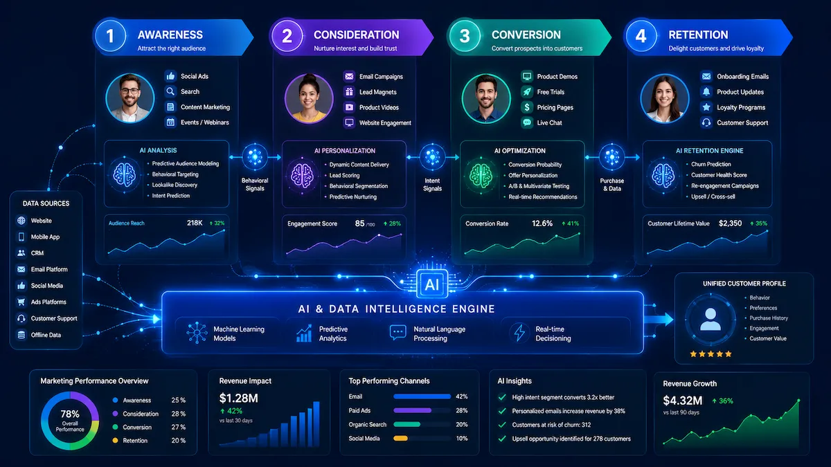 Futuristic roadmap infographic showing steps to build a future-proof digital marketing career with AI tools, SEO, analytics, and growth paths.