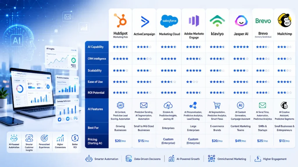 Comparison chart of top AI marketing automation tools including HubSpot, ActiveCampaign, Klaviyo, Salesforce, Marketo, Jasper, Brevo, and Mailchimp.