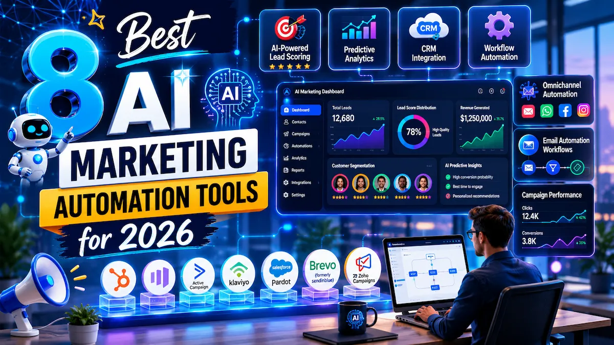 AI marketing automation tools comparison dashboard showing CRM integration, lead scoring, predictive analytics, workflow automation, customer segmentation, and marketing performance metrics.