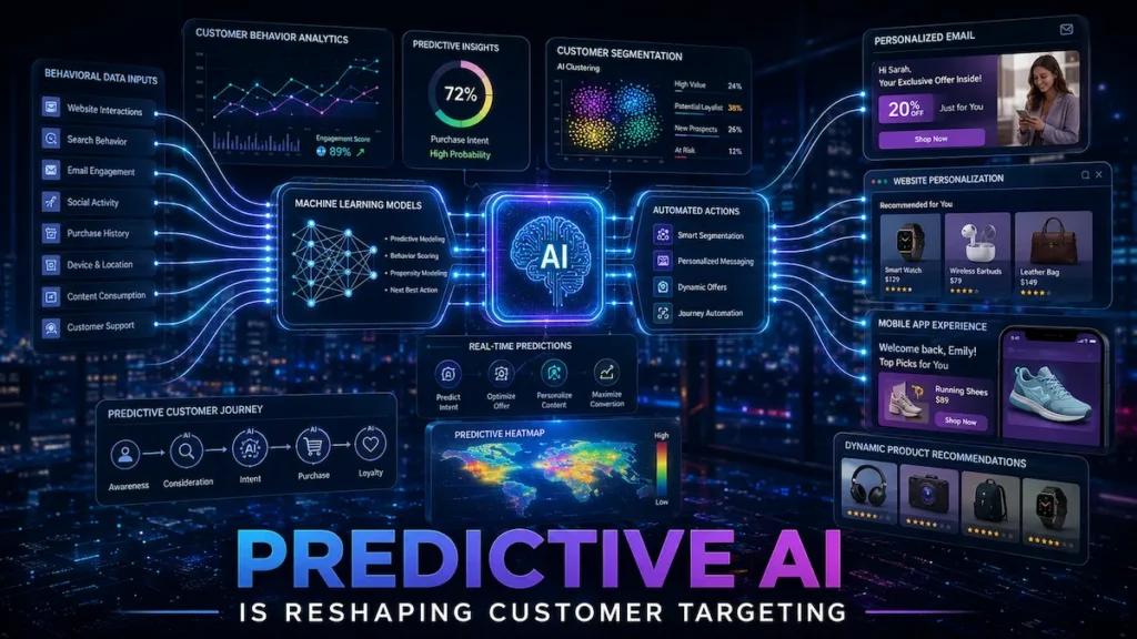 Futuristic predictive analytics system using AI to personalize customer experiences and forecast user behavior across digital marketing channels.