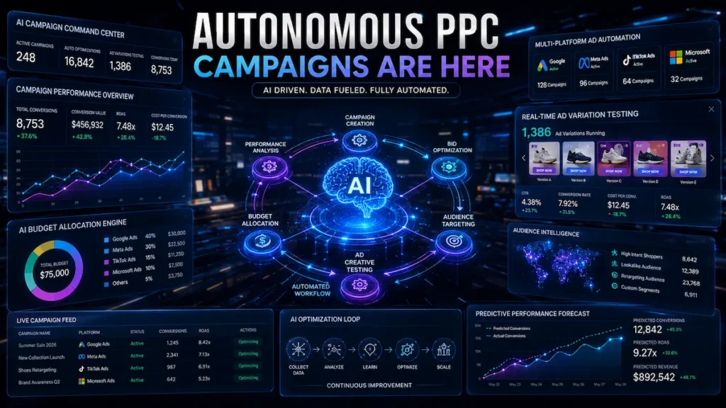 Autonomous AI advertising platform optimizing PPC campaigns, ad creatives, audience targeting, and conversions in real time.