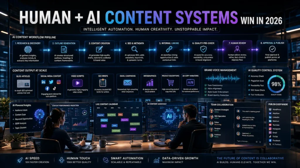 AI-driven content marketing workflow showing collaboration between generative AI systems and human editors for SEO and content production.