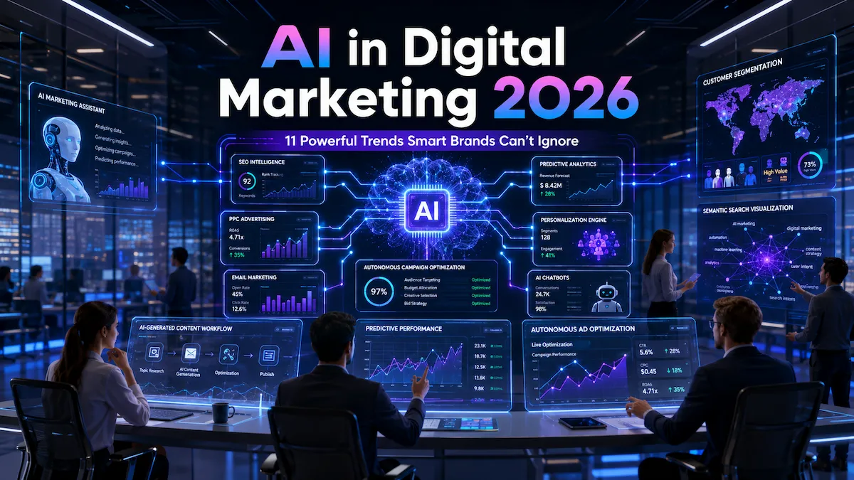 Futuristic AI-powered digital marketing command center visualizing SEO automation, predictive analytics, autonomous advertising, and personalized customer targeting in 2026.
