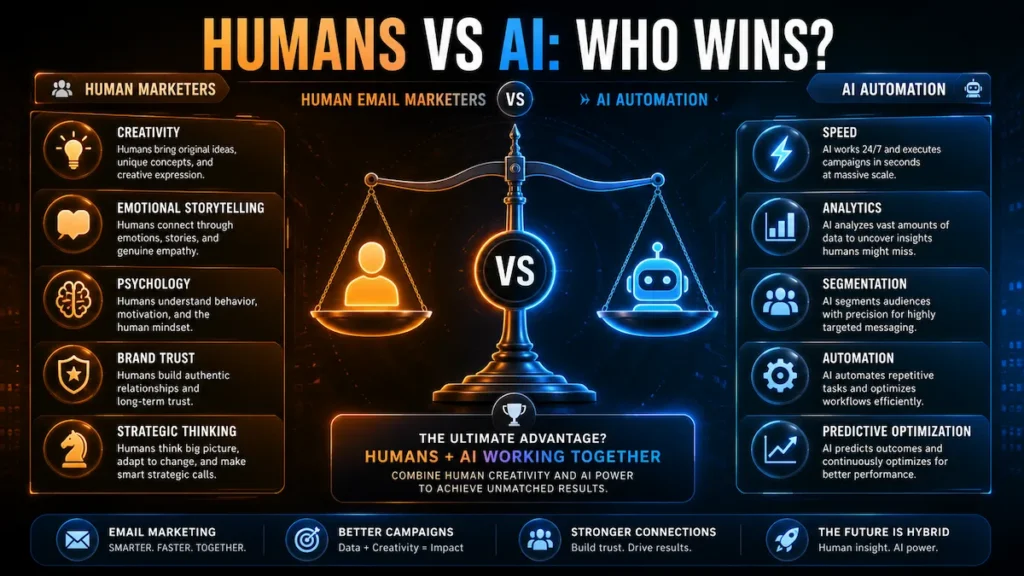 Infographic comparing human email marketers and AI automation strengths in modern digital marketing.