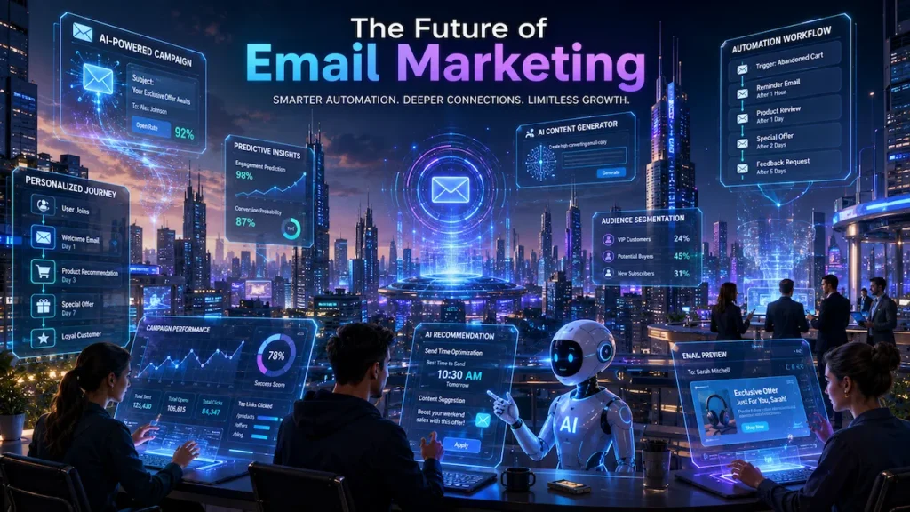 Futuristic marketers collaborating with AI-powered email marketing systems in a high-tech digital city.