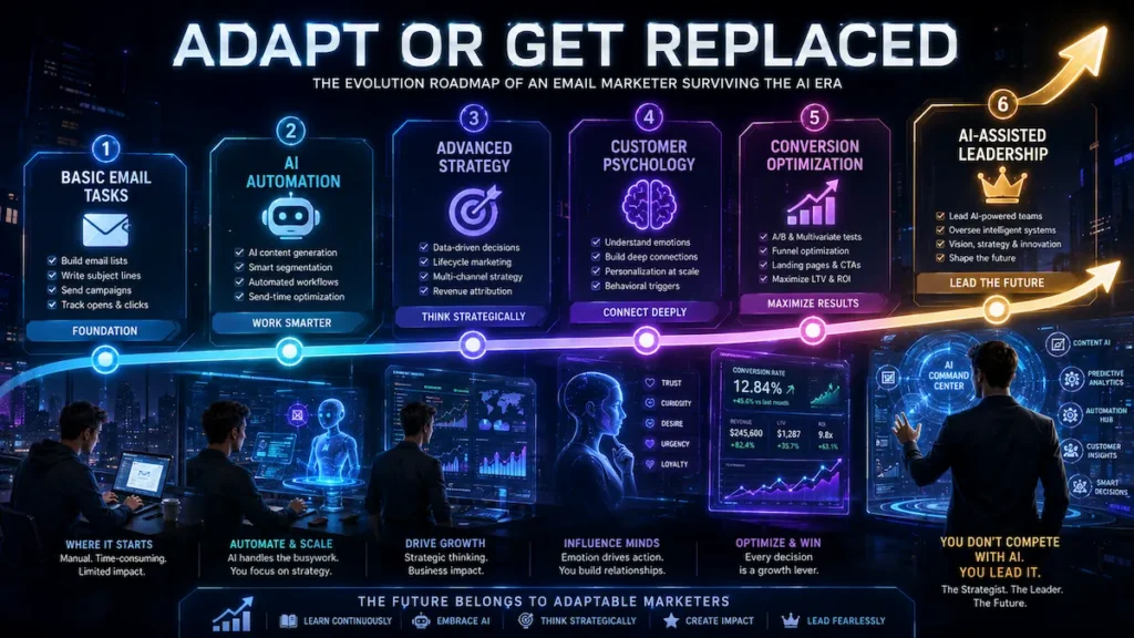 Roadmap infographic showing how email marketers can survive and grow using AI tools and advanced marketing strategy.