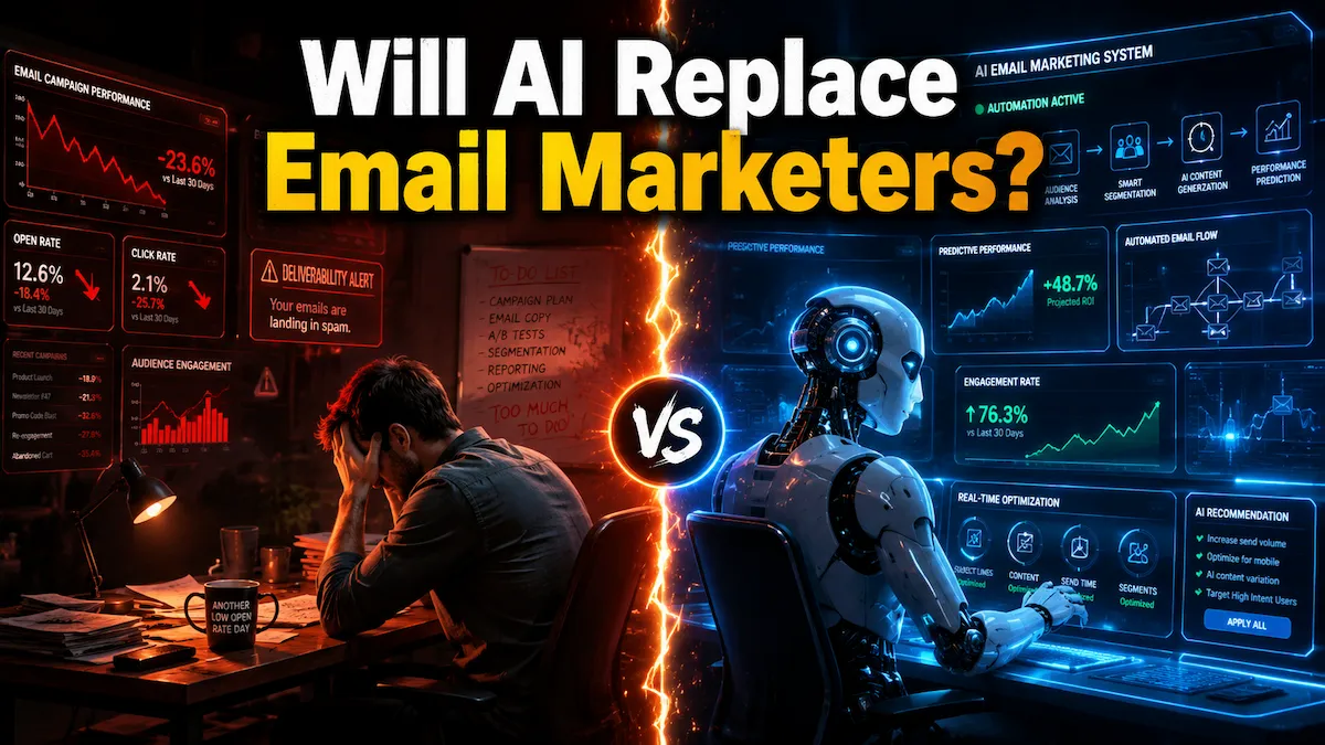 Human email marketer competing against futuristic AI automation system in a dramatic split-screen digital marketing illustration.
