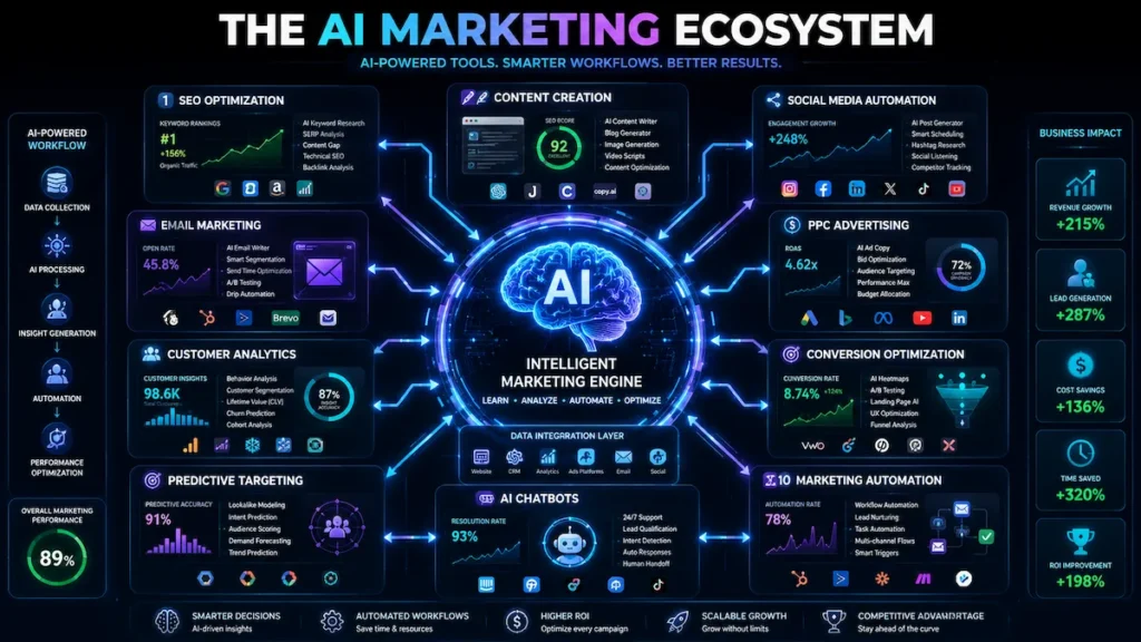 Futuristic AI marketing ecosystem infographic showing SEO automation, content creation, social media tools, email marketing, predictive analytics, and AI-powered campaign systems