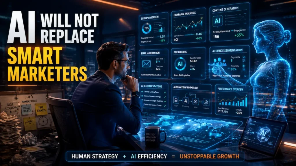 Professional digital marketer collaborating with an AI assistant hologram using SEO analytics, campaign automation, audience targeting, and content optimization dashboards