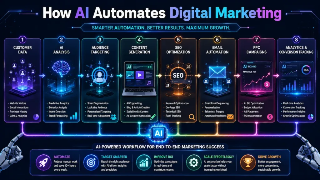 AI-powered digital marketing workflow infographic showing customer data analysis, audience targeting, SEO optimization, email automation, PPC campaigns, and conversion tracking