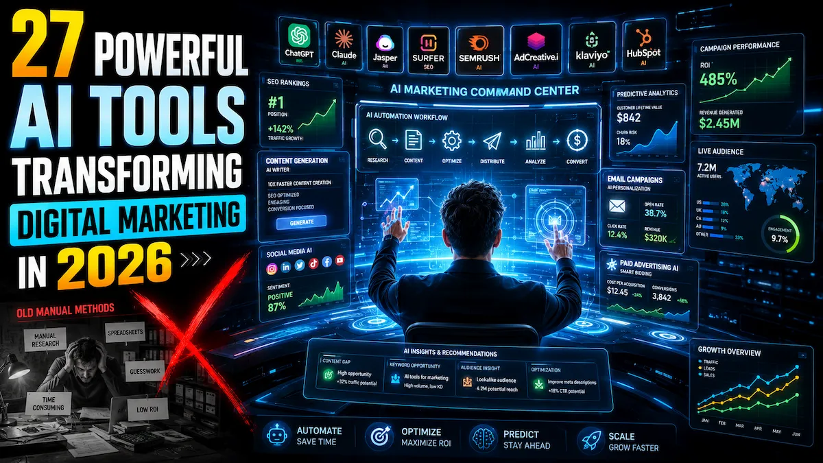 AI-powered digital marketing command center with futuristic SEO dashboards, automation systems, analytics, content generation tools, and smart marketing workflows in a cinematic enterprise environment