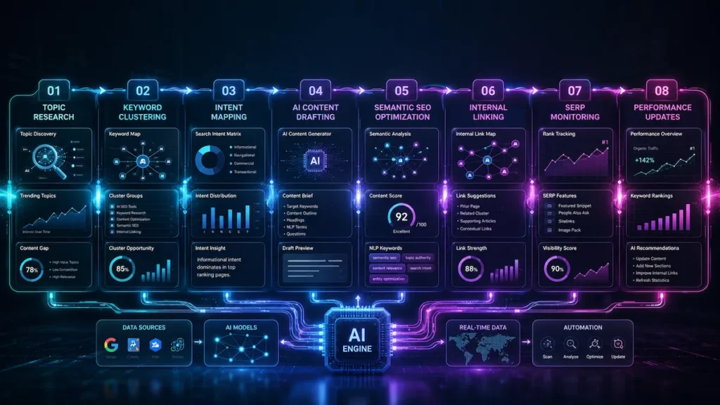 AI SEO workflow showing keyword clustering, semantic optimization, SERP monitoring, internal linking, and content intelligence automation.