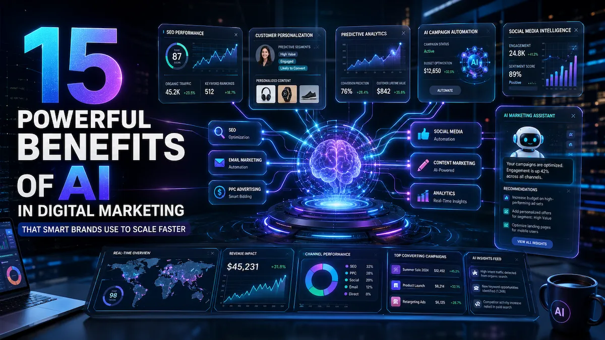 Benefits of AI in digital marketing dashboard showing AI automation, predictive analytics, SEO optimization, customer personalization, and multi-channel campaign intelligence.