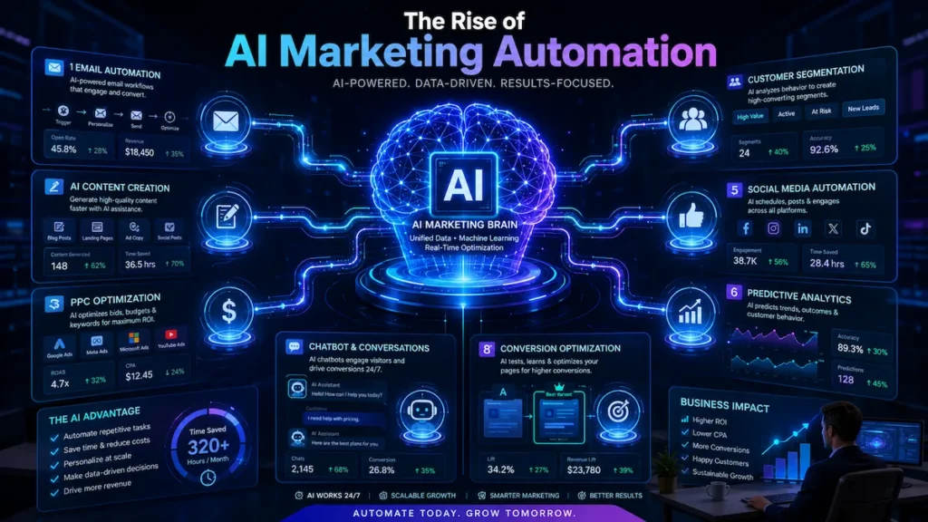 AI marketing automation ecosystem connecting SEO, email marketing, PPC, analytics, and social media automation systems.
