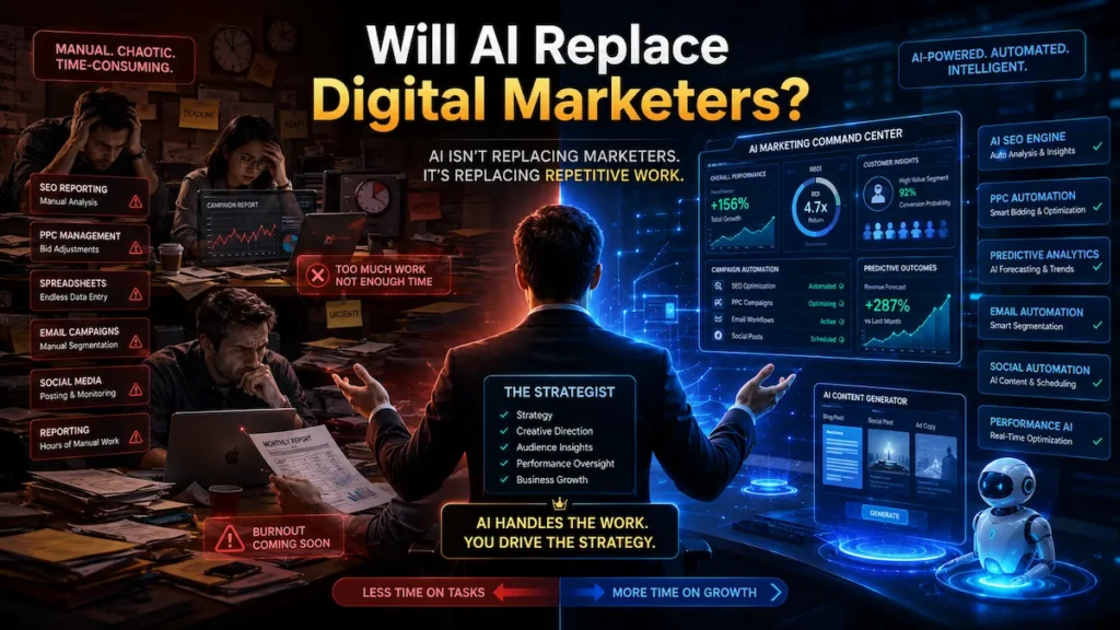 Split-screen illustration showing human marketers versus AI automation systems managing digital marketing tasks.