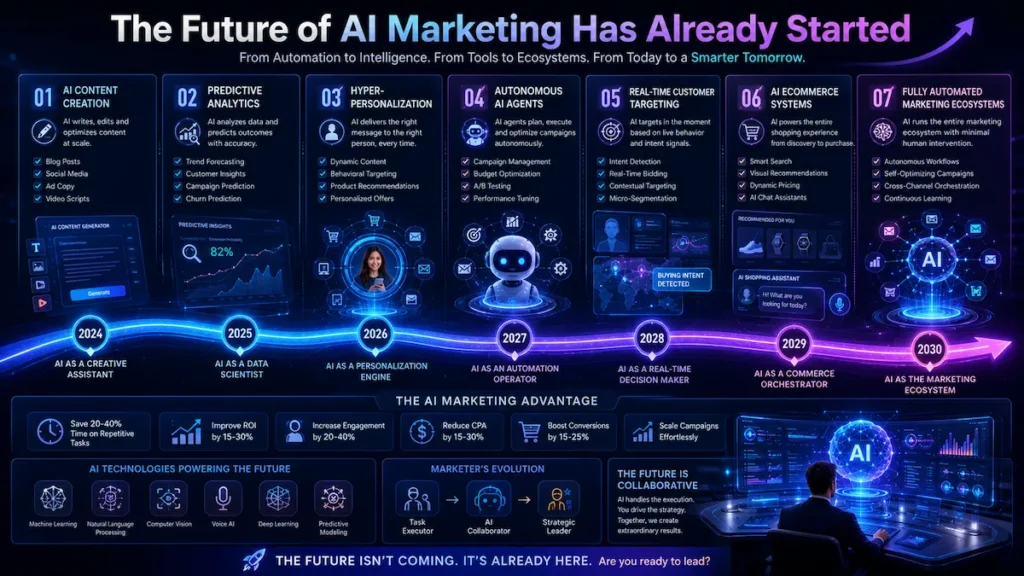 Future roadmap infographic showing the evolution of AI-powered digital marketing from automation to autonomous AI systems.