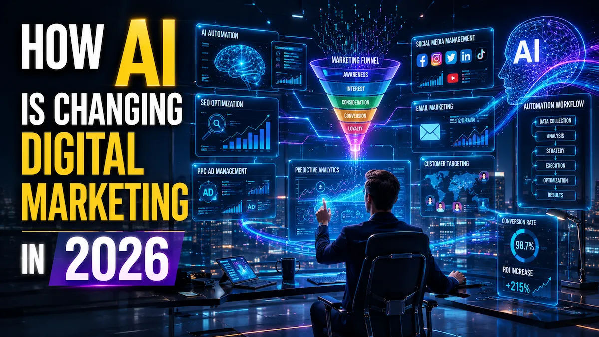 Futuristic AI-powered digital marketing control center with SEO, PPC, analytics, and automation dashboards in 2026.