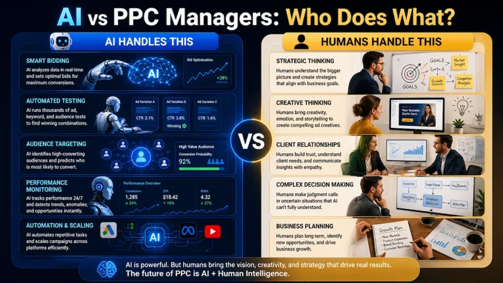 Split diagram showing AI handling automation tasks and humans handling strategy in PPC management