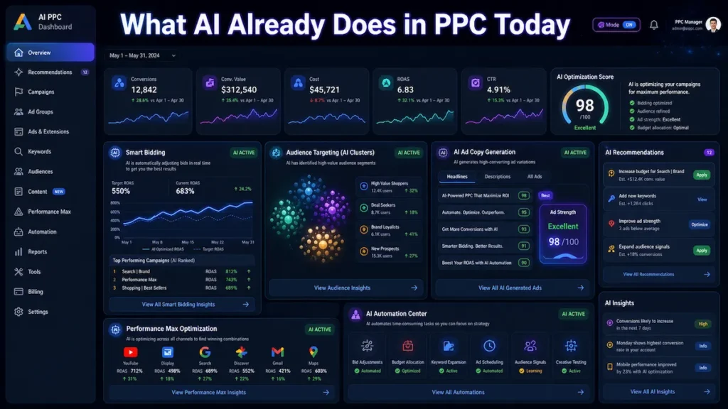 AI-powered PPC dashboard showing automated bidding, targeting, and ad optimization systems