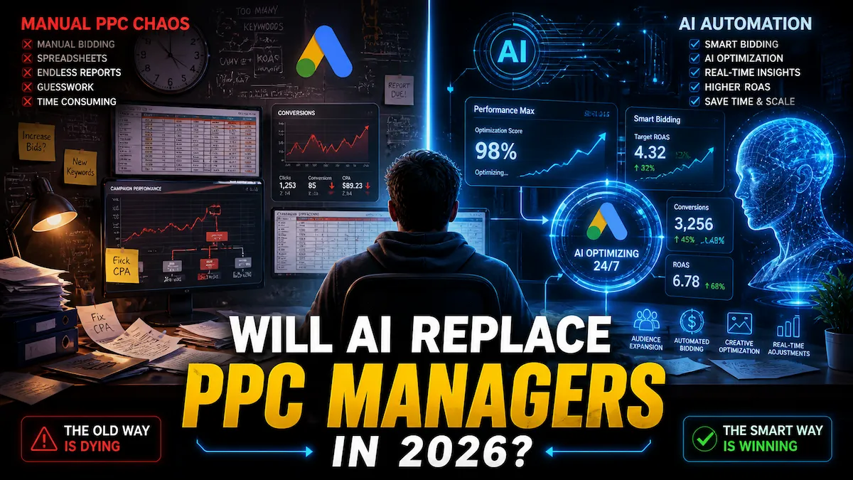 Futuristic PPC workspace showing AI automation vs human campaign management in digital advertising