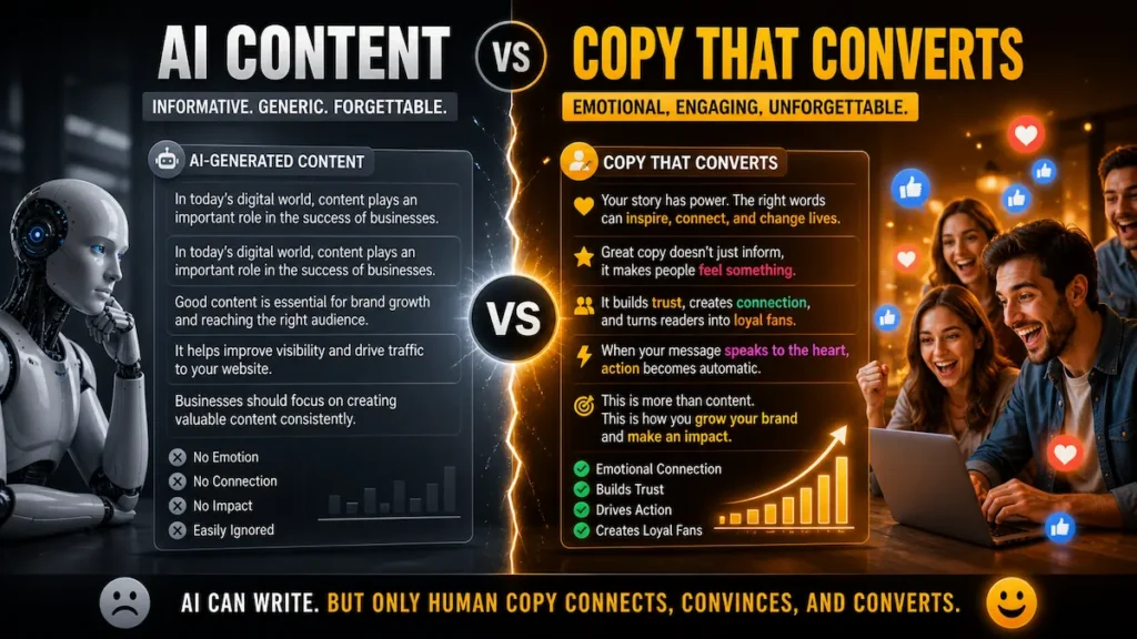 Comparison between generic AI content and emotionally engaging human copywriting