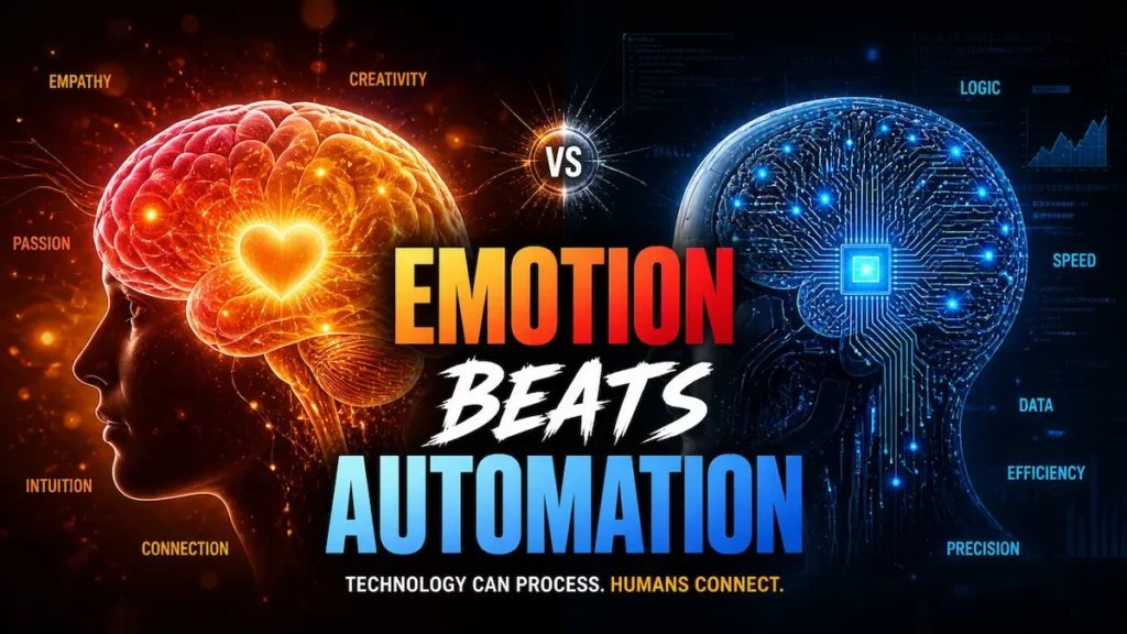 Illustration showing emotional intelligence versus AI logic in copywriting