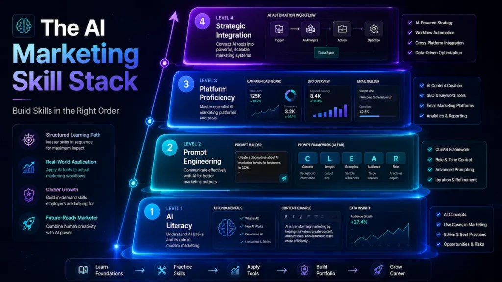 Structured visual ladder showing AI literacy, prompt engineering, platform mastery, and strategic AI integration.
