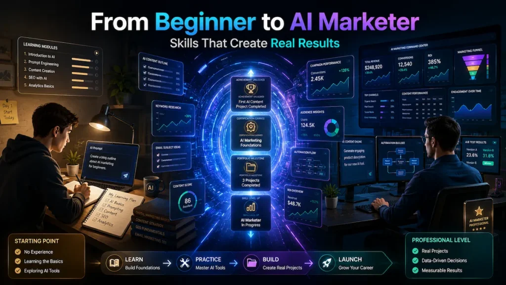 Transformation scene showing a learner evolving into a professional AI marketer through projects, tools, and certifications.