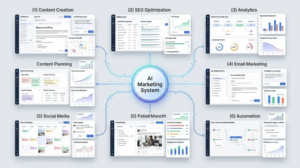 Modern ecosystem diagram connecting AI content, SEO, analytics, CRM, automation, and social media platforms.