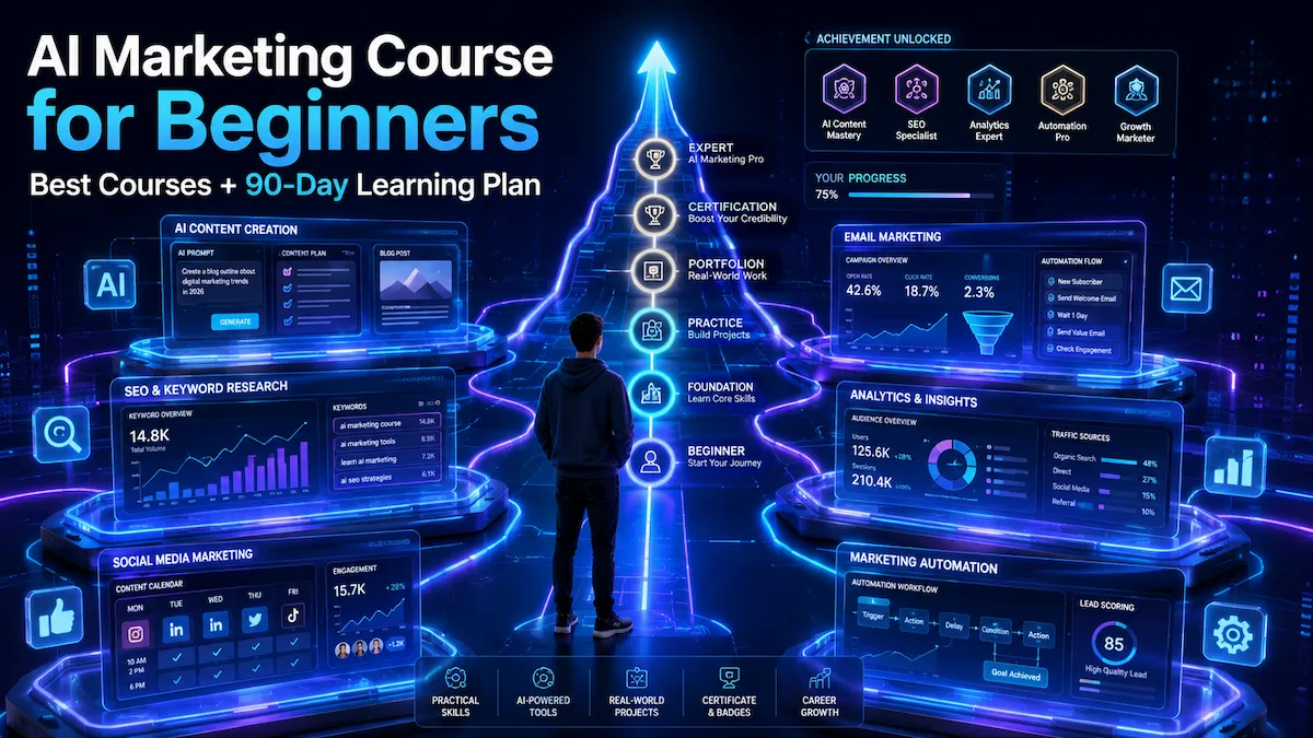 Premium AI marketing learning journey showing a beginner progressing through content creation, SEO, analytics, email marketing, automation, and portfolio building using AI tools.
