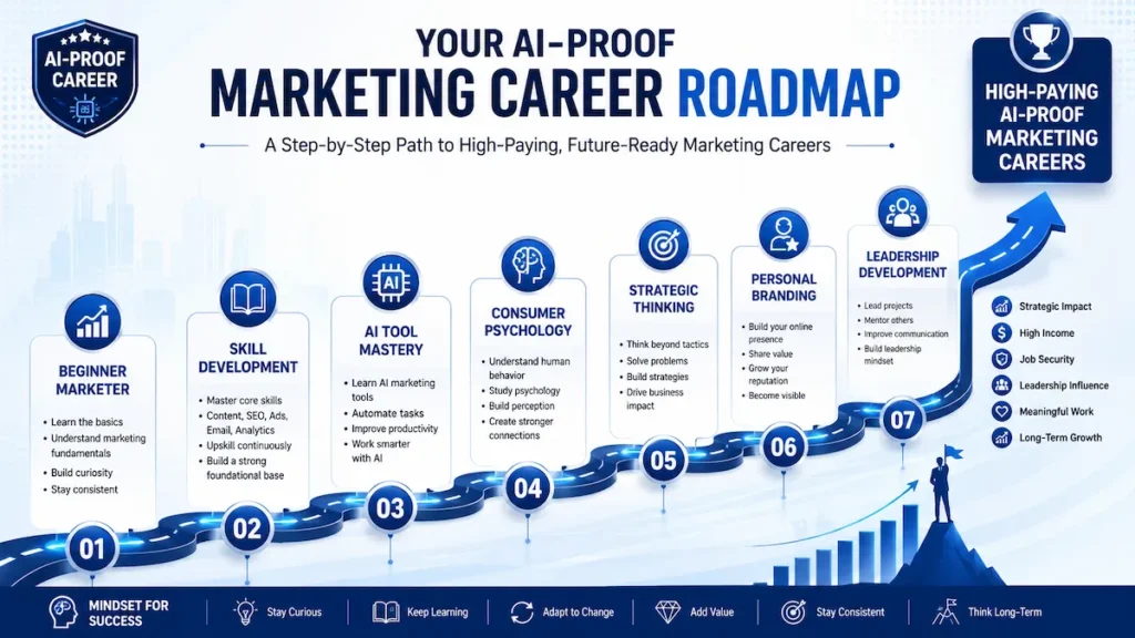 Step-by-step roadmap showing how to build an AI-proof marketing career from beginner to leadership level.