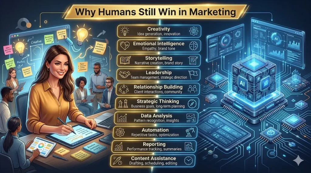 Visual diagram comparing human marketing strengths with AI capabilities and highlighting skills AI cannot replace.
