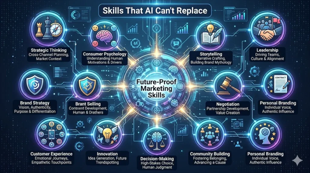 Infographic highlighting the essential human skills needed for AI-proof marketing jobs in the future.