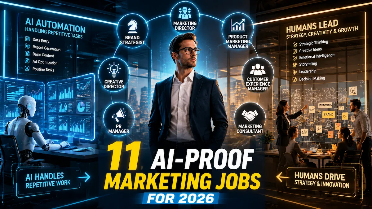Futuristic illustration showing the highest-paying AI-proof marketing jobs that rely on creativity, strategy, leadership, and human skills.