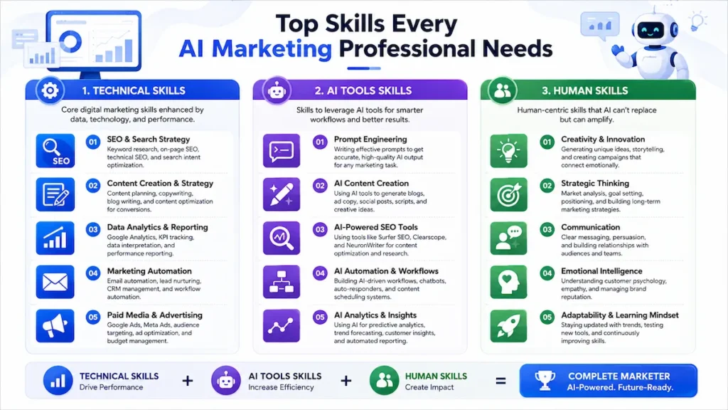 Infographic showing breakdown of digital marketing skills for AI era including technical, AI tools, and human skills.