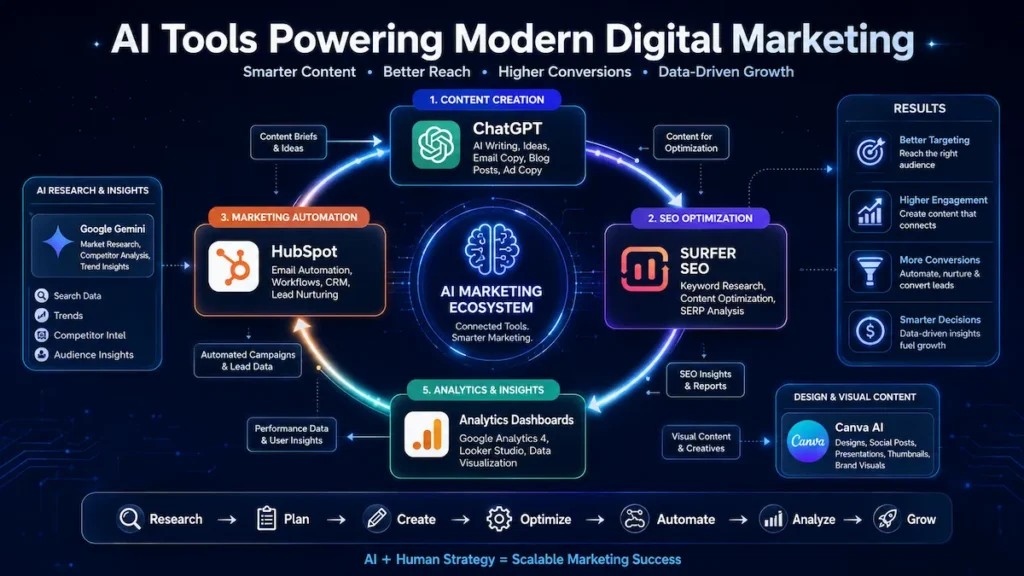 AI marketing ecosystem diagram showing tools like ChatGPT, HubSpot, and Canva connected in workflow.